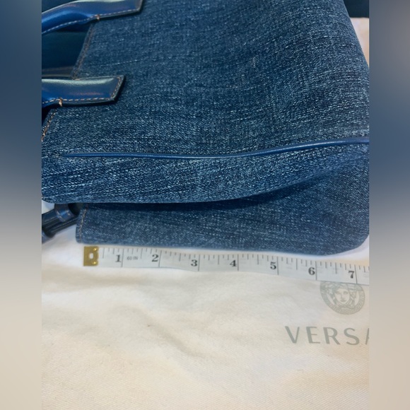 Authentic Rare Versace La Medusa Chain Embellished Leather trimmed Denim Tote 💙 - Picture 11 of 16